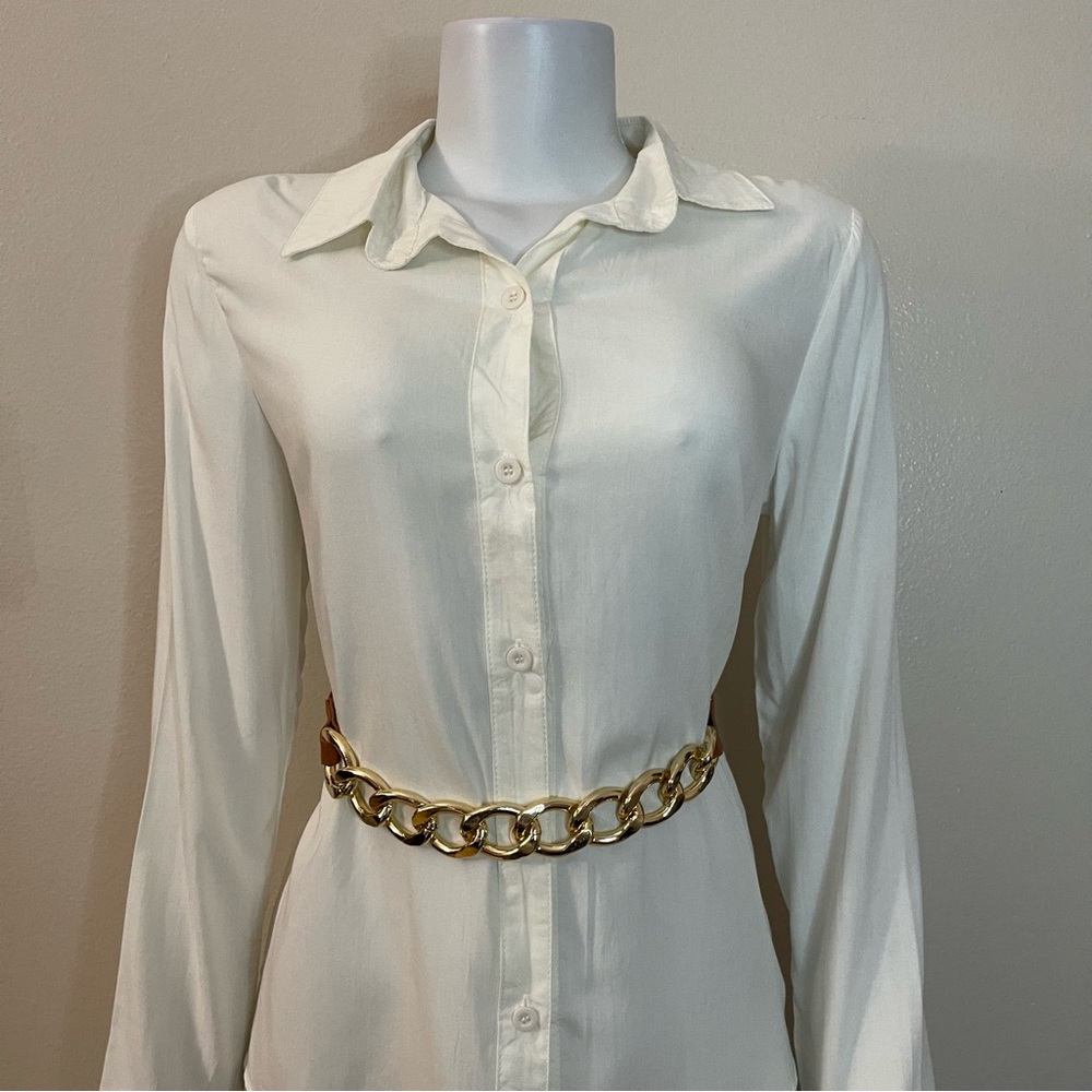 Brown faux leather gold tone chained elastic waistband skinny belt - Picture 2 of 8